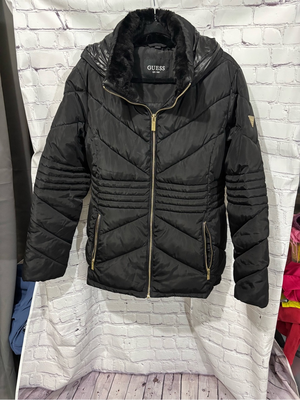 Guess Black Quilted Puffer Jacket with Faux Fur Collar